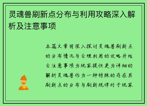 灵魂兽刷新点分布与利用攻略深入解析及注意事项